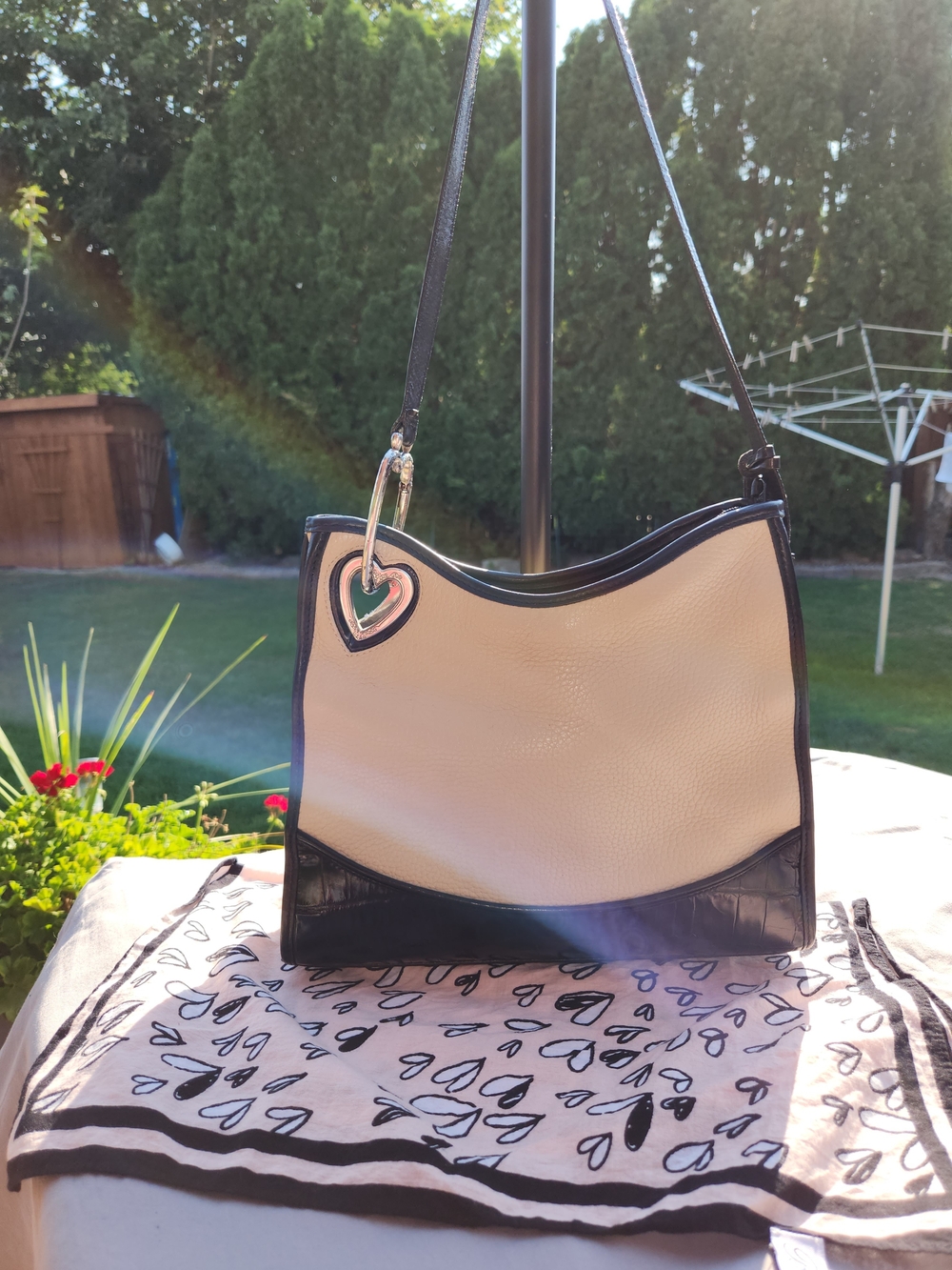 Brighton 3fer Cream and Black Shoulder Bag With Small Scarf And Heart Earrings - Picture 6 of 16